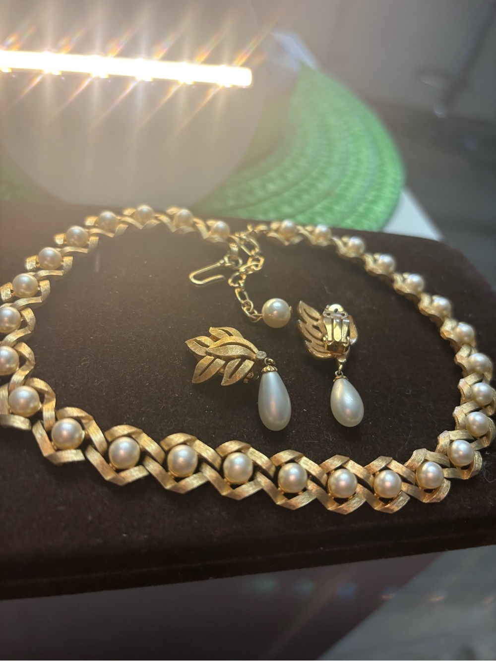 Trifari Gold-Tone Pearl Link Necklace with Teardrop Pearl Earrings